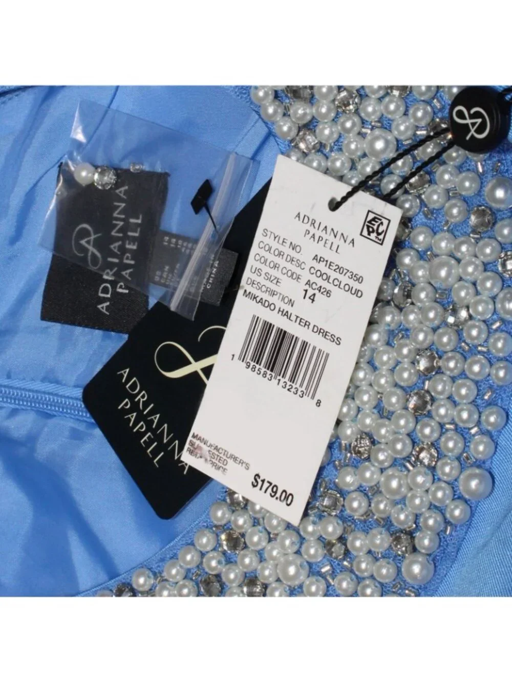 ADRIANNA PAPELL Beaded Neck Mikado High-Low Midi Party Dress Cloud Blue Size 14